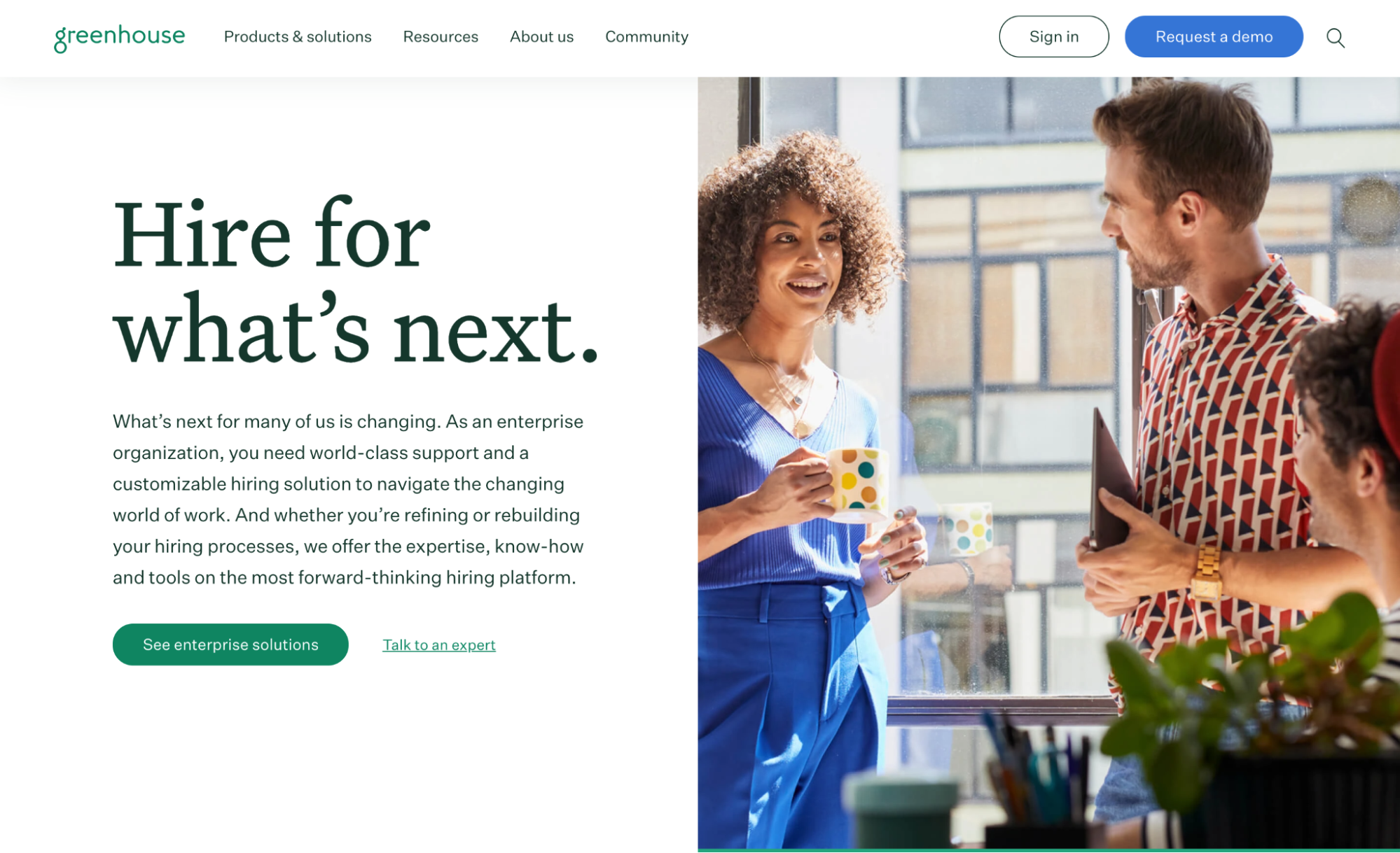 Greenhouse homepage tailors its main CTA for enterprise visitors to 'see enterprise solutions'