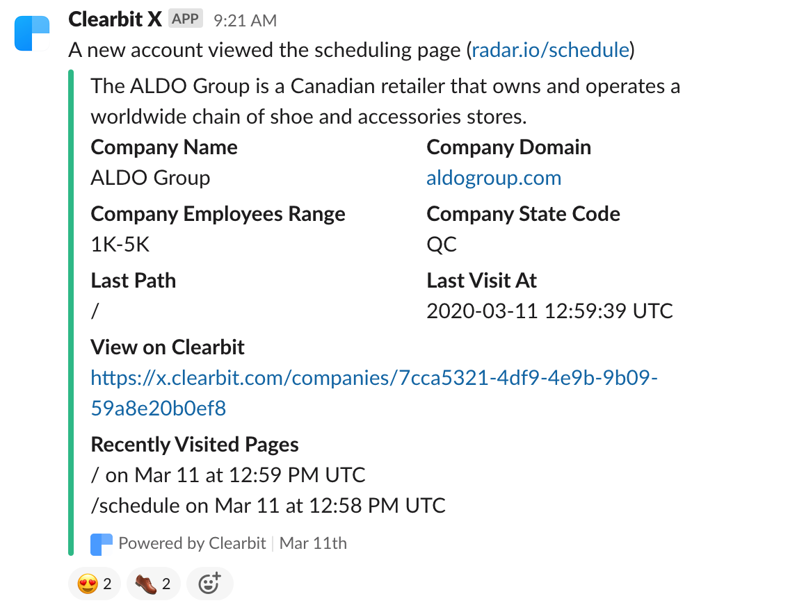 Clearbit alert example notifying team of new account viewing scheduling page